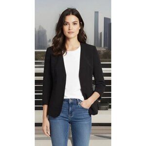 New Theory Lindrayia Black Stretch Wool Open Front Blazer Jacket